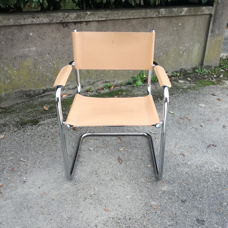 Cadeira de braços em aço e couro Vintage cantilever