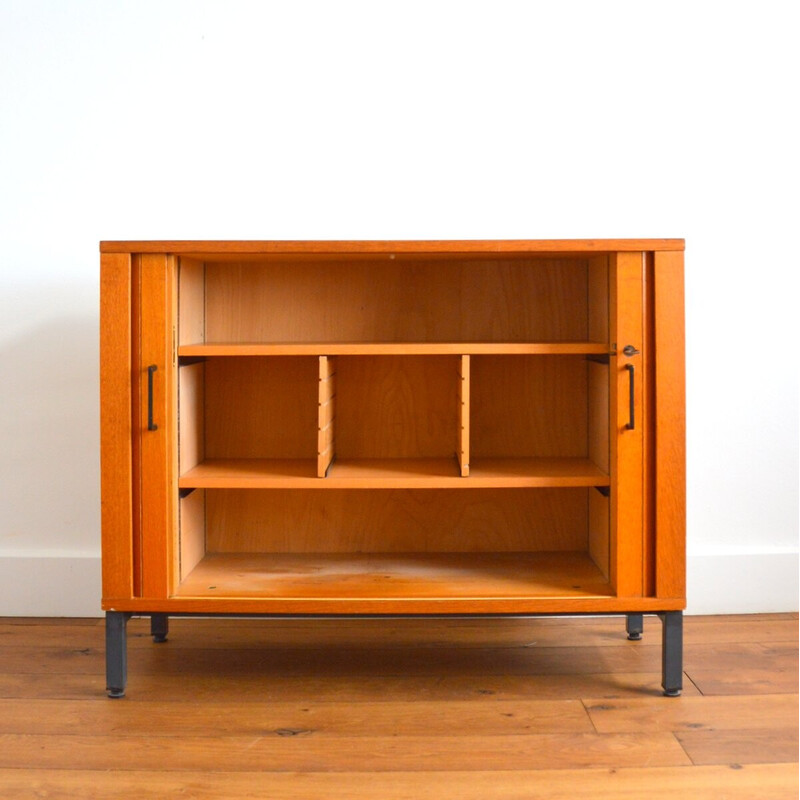 Vintage metal and plastic sideboard with sliding curtain, 1950s