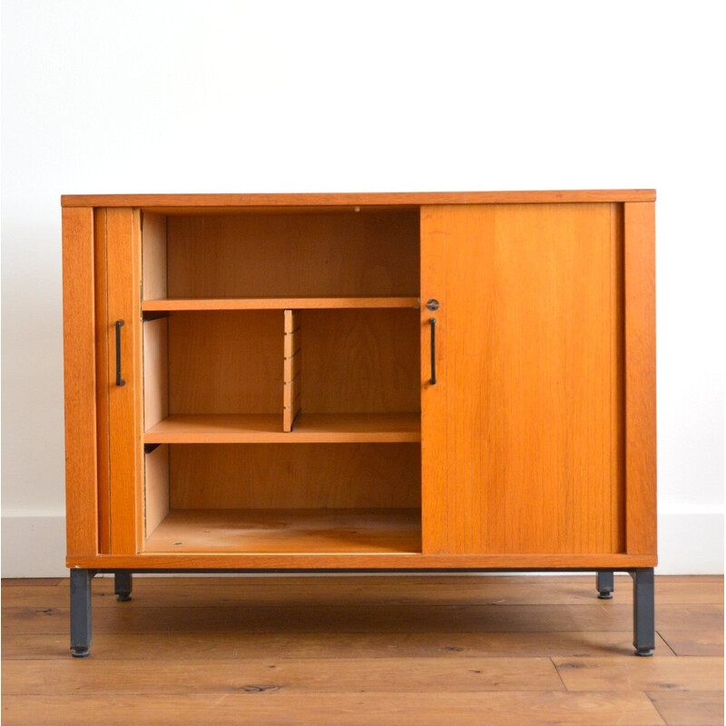 Vintage metal and plastic sideboard with sliding curtain, 1950s