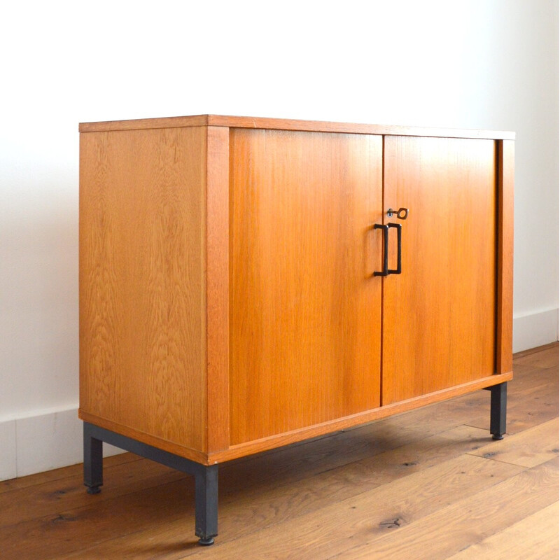 Vintage metal and plastic sideboard with sliding curtain, 1950s