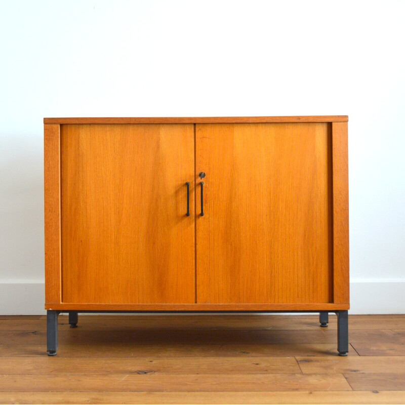 Vintage metal and plastic sideboard with sliding curtain, 1950s