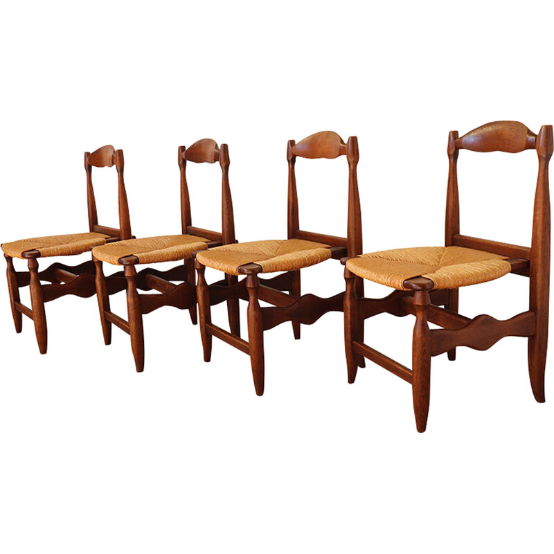 Set di 4 sedie vintage in rovere e paglia di Guillerme et Chambron per Votre Maison, 1960