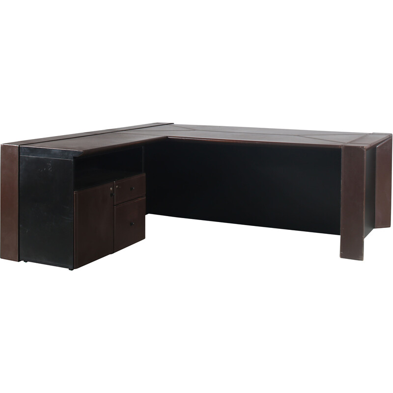 Vintage L-shaped desk in black wood and brown leather by Guido Faleschini for Mariani, Italy 1970s