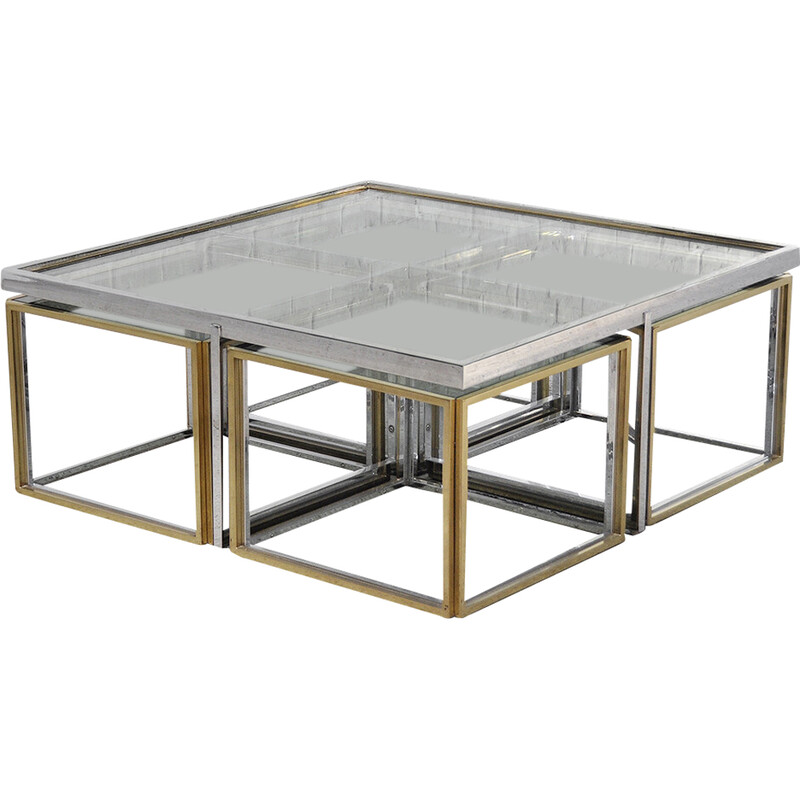 Vintage coffee table set in glass, metal and brass for Maison Charles, France 1970s