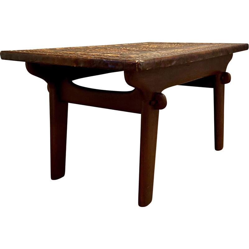 Vintage wood and leather coffee table by Angel Pazmino, 1960s
