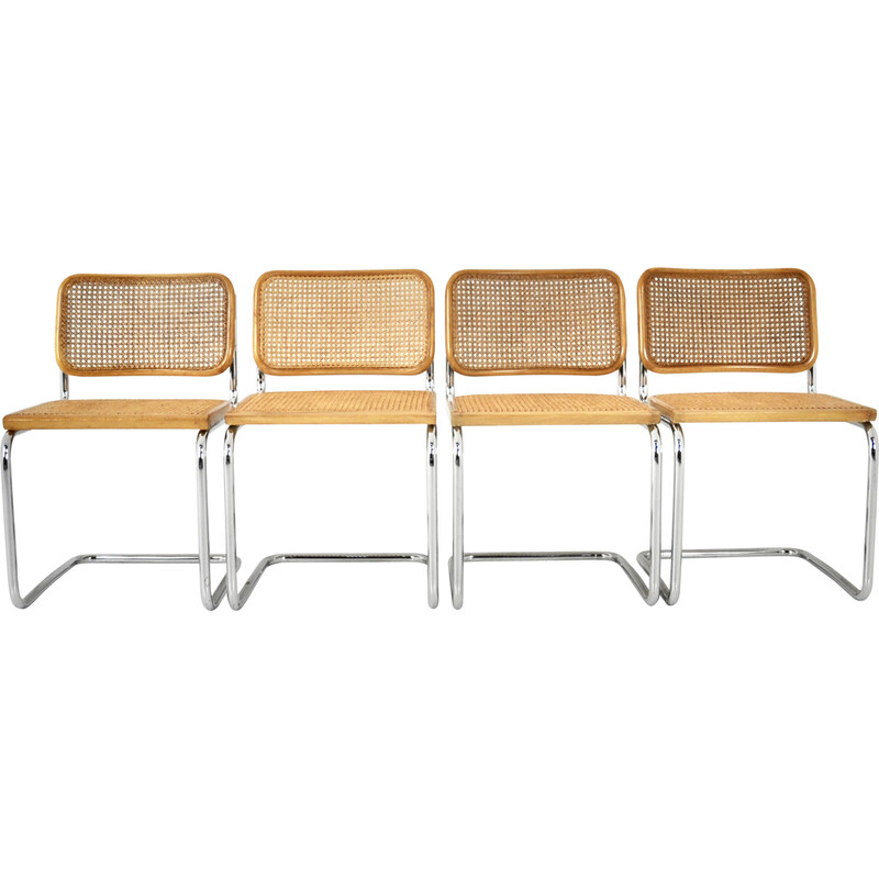 Set of 4 vintage wood and rattan chairs by Marcel Breuer