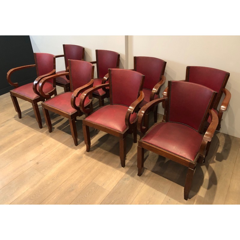 Set of 8 vintage Art Deco mahogany and leatherette armchairs, France 1930s