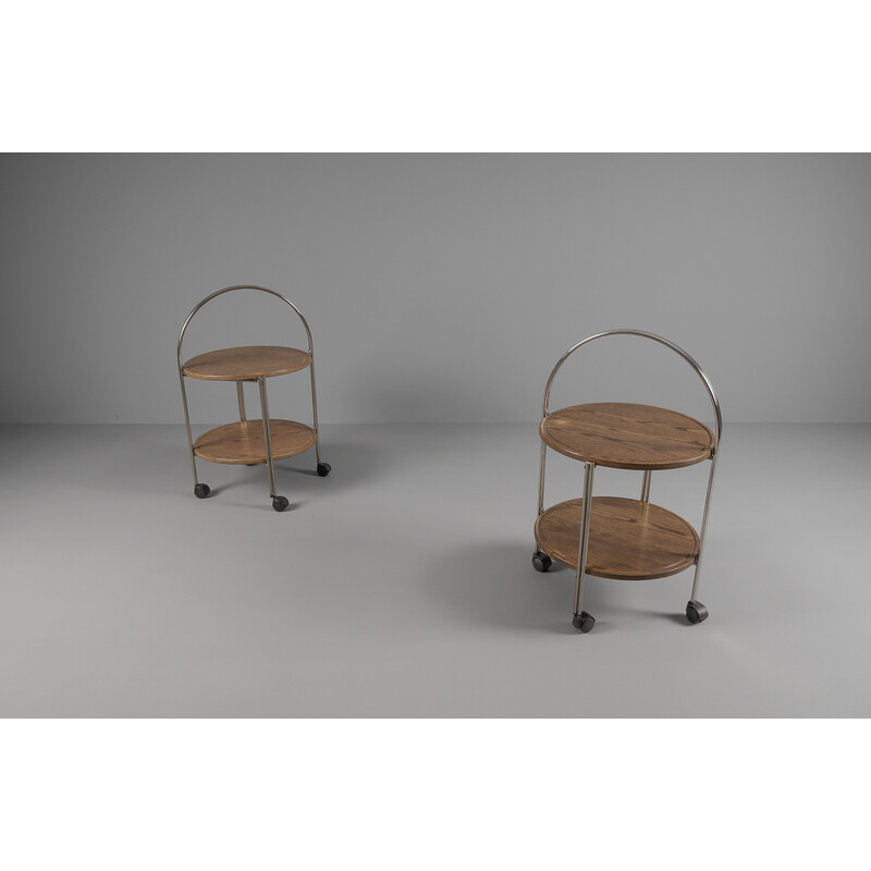 Pair of vintage oakwood and chrome folding serving trolleys, 1970s