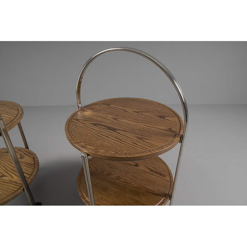 Pair of vintage oakwood and chrome folding serving trolleys, 1970s