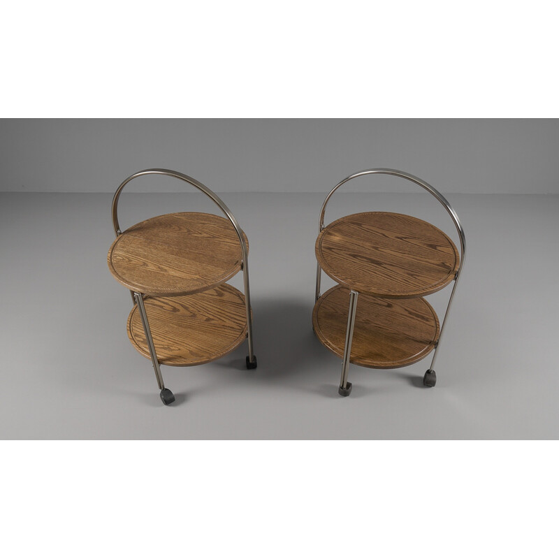 Pair of vintage oakwood and chrome folding serving trolleys, 1970s