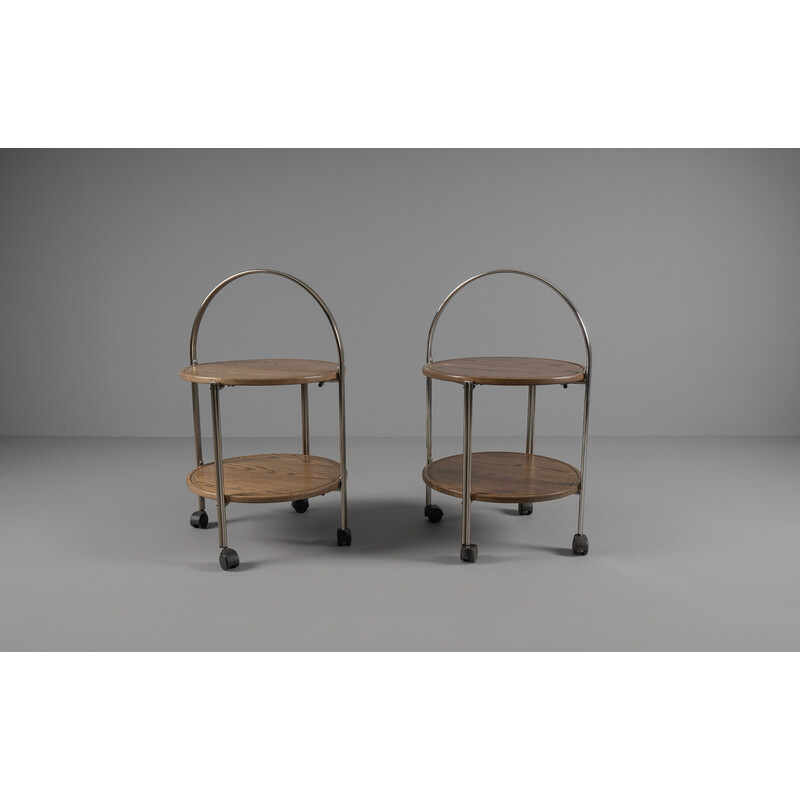 Pair of vintage oakwood and chrome folding serving trolleys, 1970s