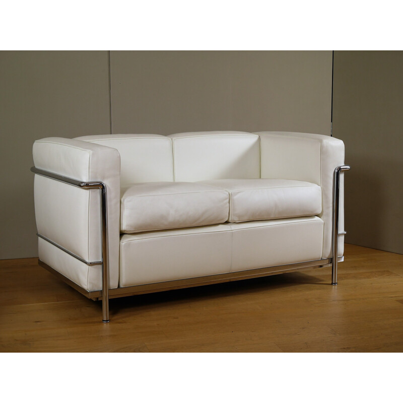 "LC2" 2-seater sofa Cassina in white leather Le Corbusier Perriand Janneret - 2000s