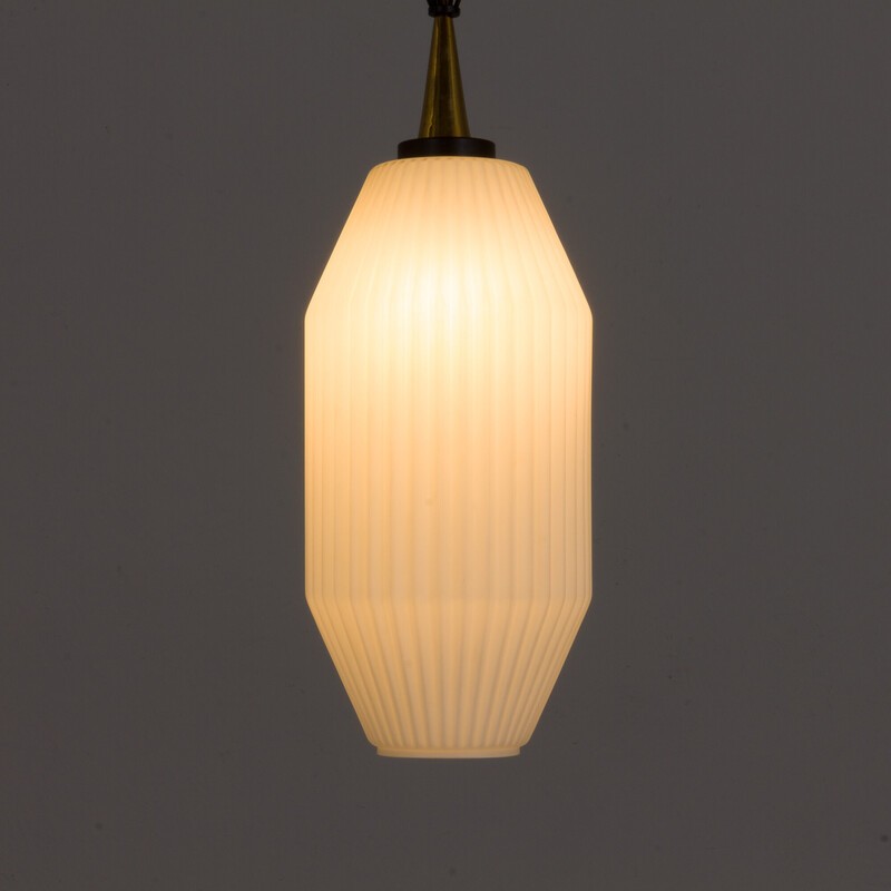 Vintage geometric pendant lamp with white Lattimo Murano glass by Angelo Lelli for Arredoluce, 1950s