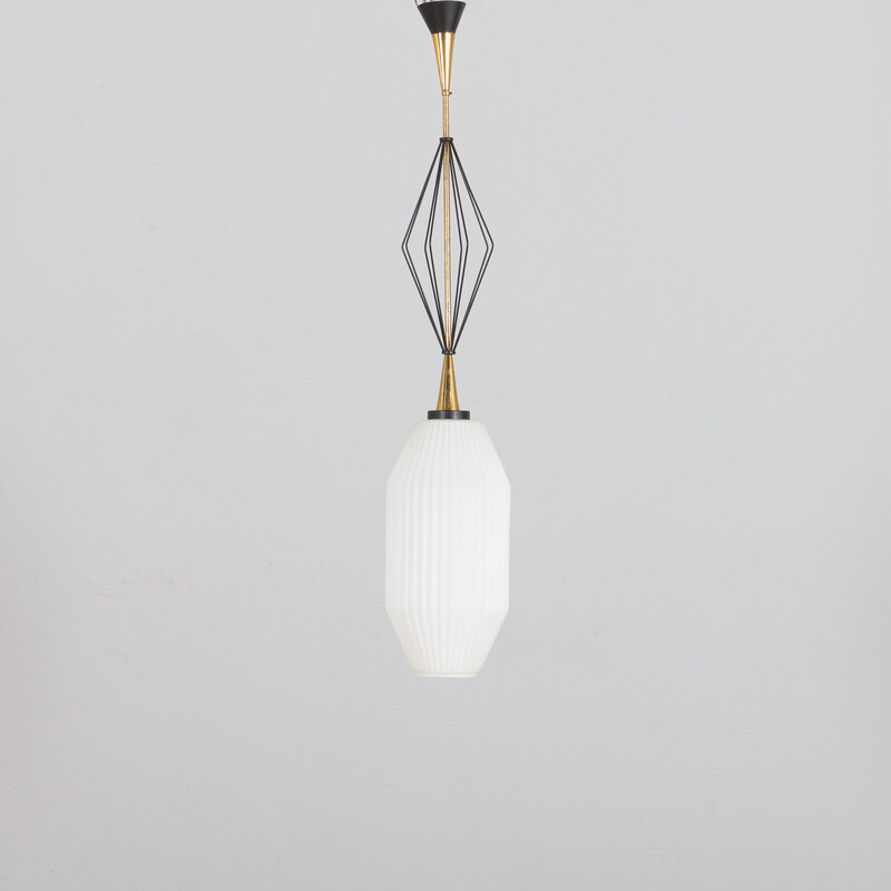 Vintage geometric pendant lamp with white Lattimo Murano glass by Angelo Lelli for Arredoluce, 1950s