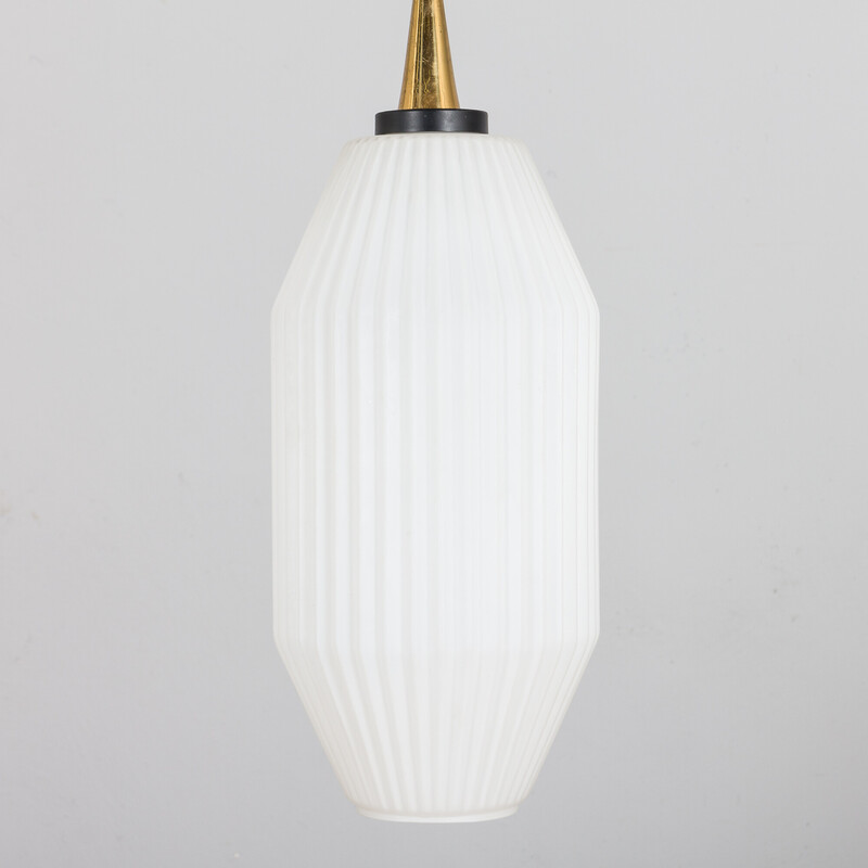 Lampada a sospensione geometrica vintage con vetro di Murano Lattimo bianco di Angelo Lelli per Arredoluce, 1950