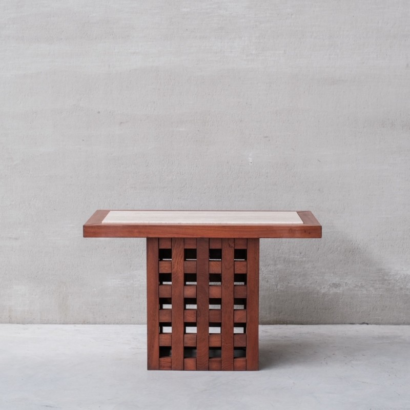 Vintage travertine and wood double sided console table, Italy 1970s