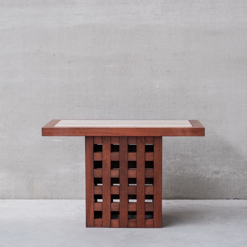 Vintage travertine and wood double sided console table, Italy 1970s