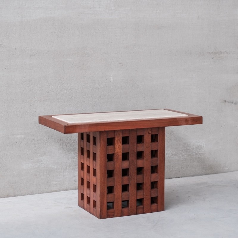 Vintage travertine and wood double sided console table, Italy 1970s