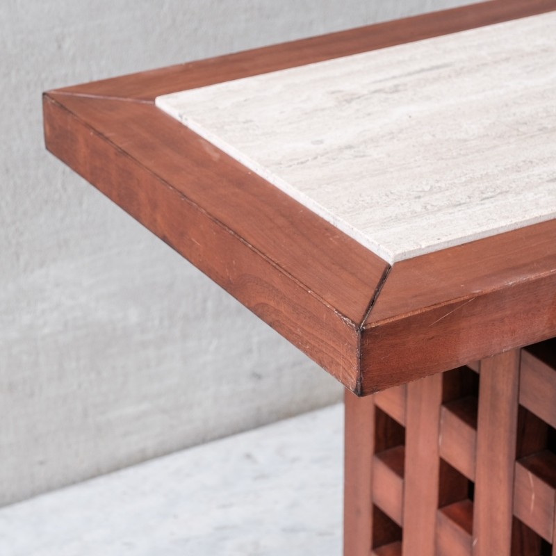 Vintage travertine and wood double sided console table, Italy 1970s