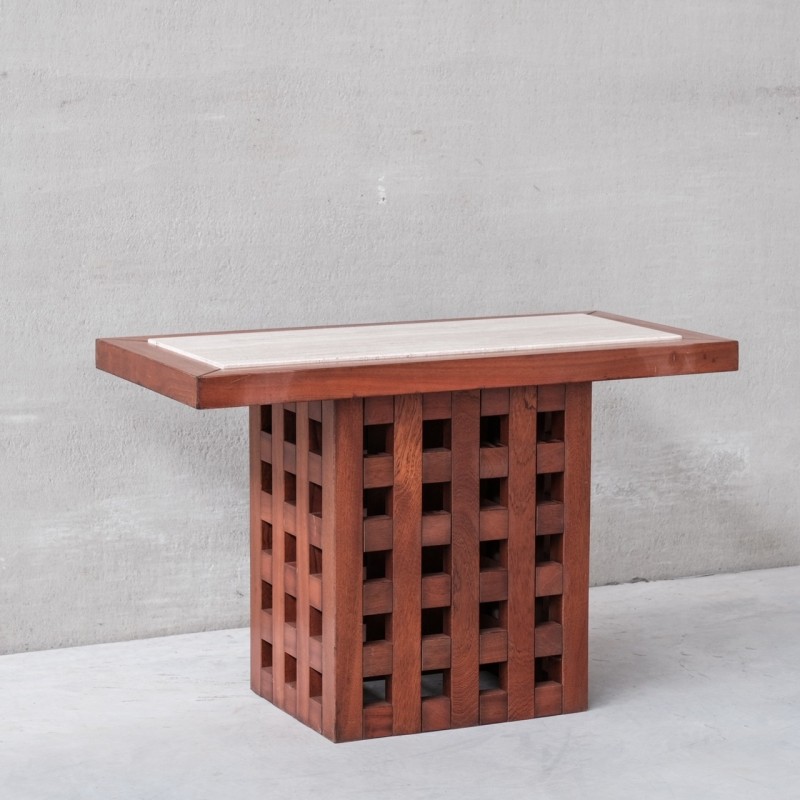 Vintage travertine and wood double sided console table, Italy 1970s