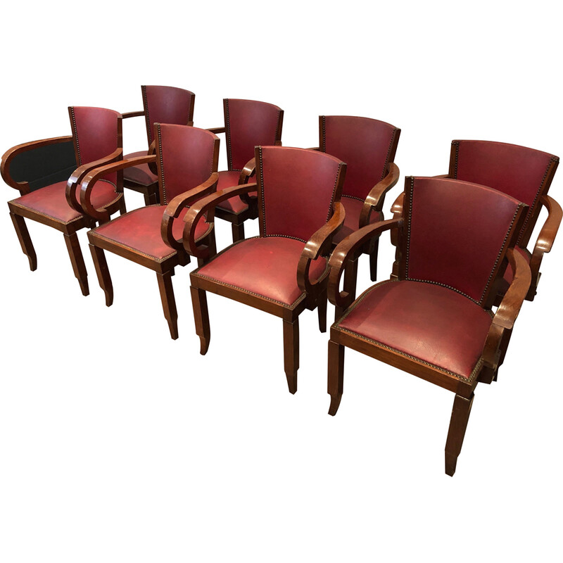 Conjunto de 8 sillones Art Decó de caoba y cuero, Francia 1930