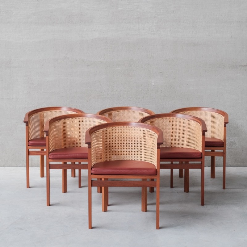 Conjunto de 6 cadeiras de jantar em pele de meados do século de Johnny Sørensen para Botium, Dinamarca 1980