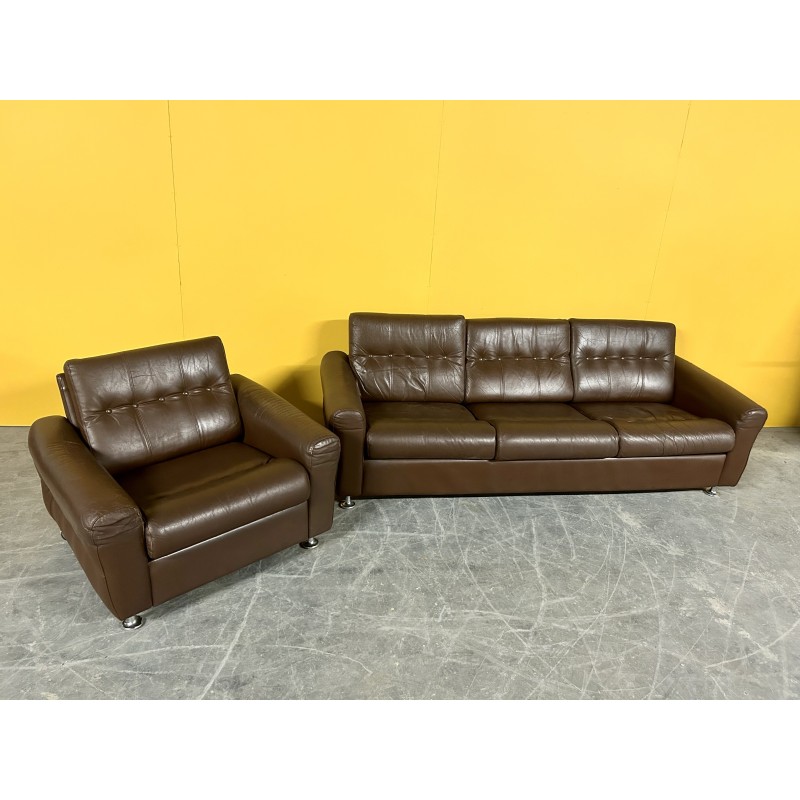 Danish vintage brown leather living room set, 1960s