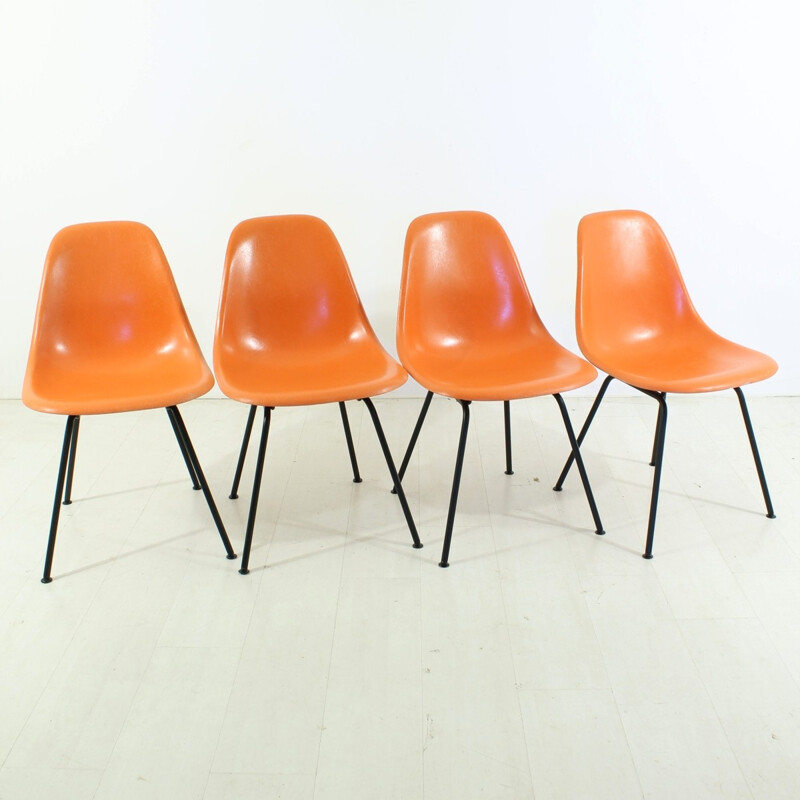 Set of 4 orange side chairs by Charles & Ray Eames for Herman Miller - 1960s