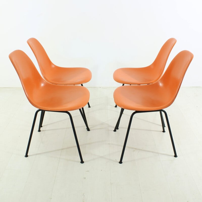 Set of 4 orange side chairs by Charles & Ray Eames for Herman Miller - 1960s