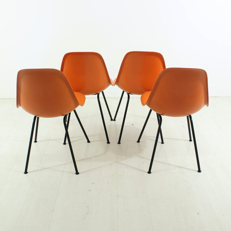 Set of 4 orange side chairs by Charles & Ray Eames for Herman Miller - 1960s