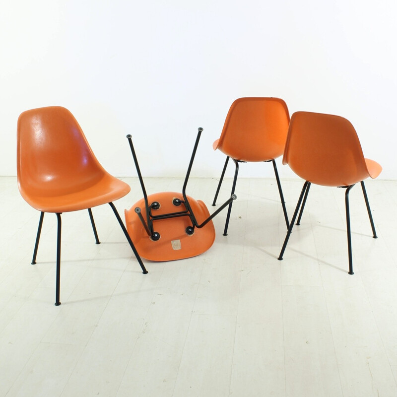 Set of 4 orange side chairs by Charles & Ray Eames for Herman Miller - 1960s