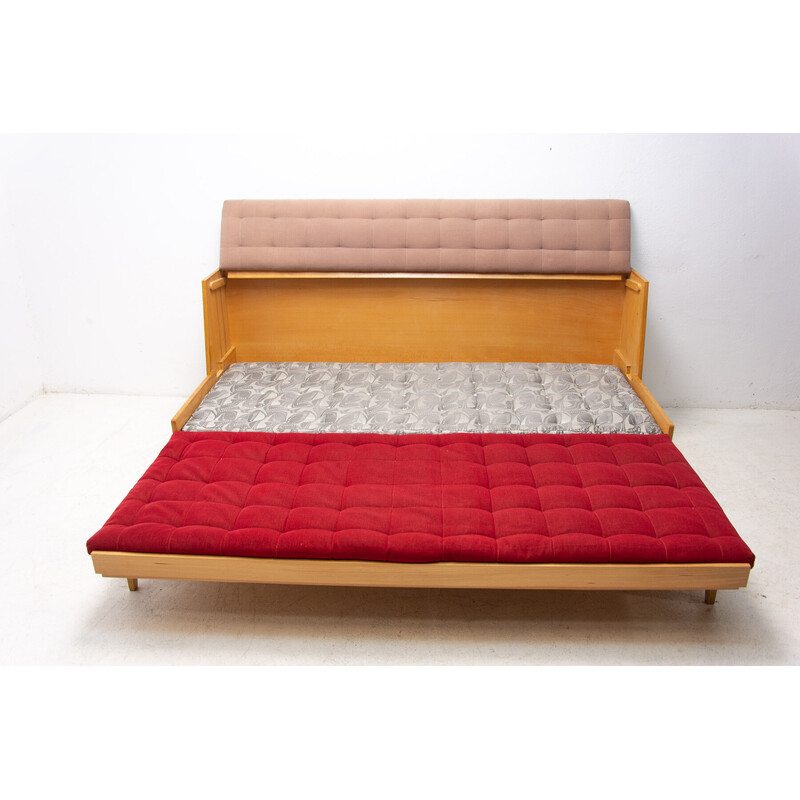 Sofá cama plegable vintage en madera de fresno, Checoslovaquia años 60