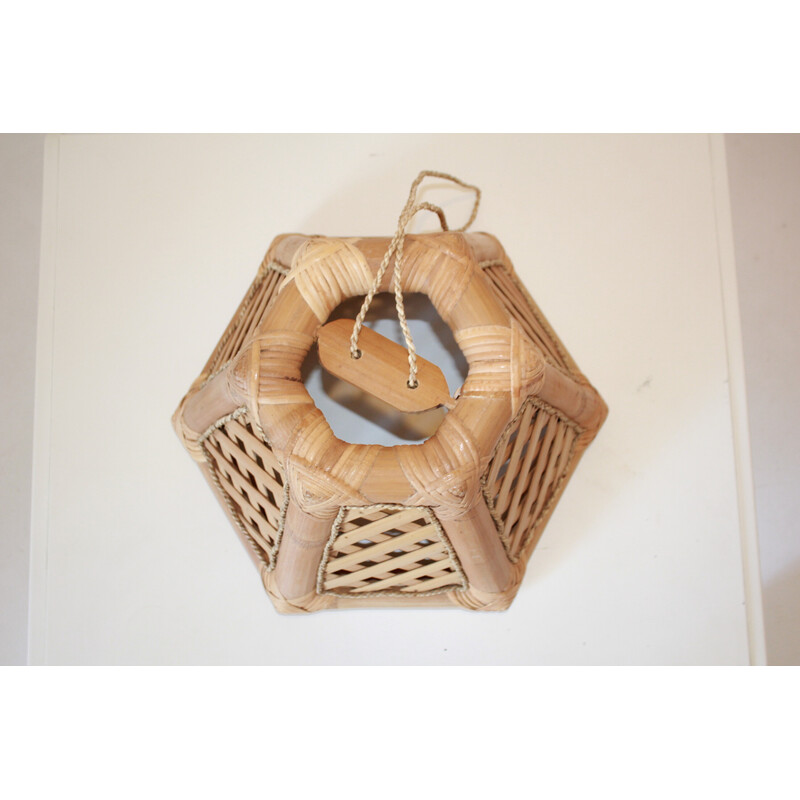 Vintage bamboo and wood pendant lamp, 1970s