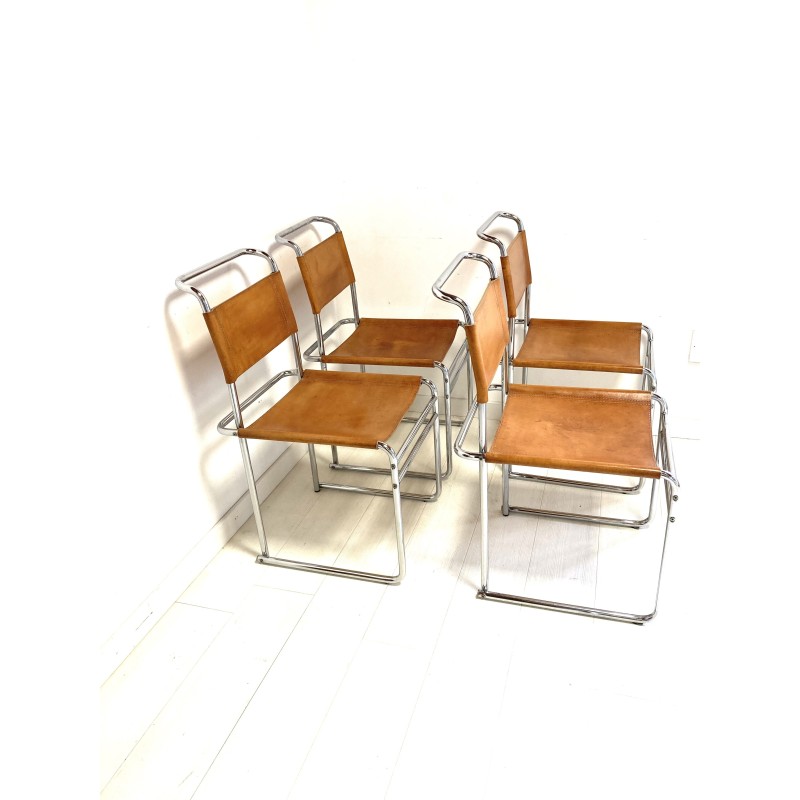 Set van 4 vintage bruin lederen stoelen van Marcel Breuer voor Thonet
