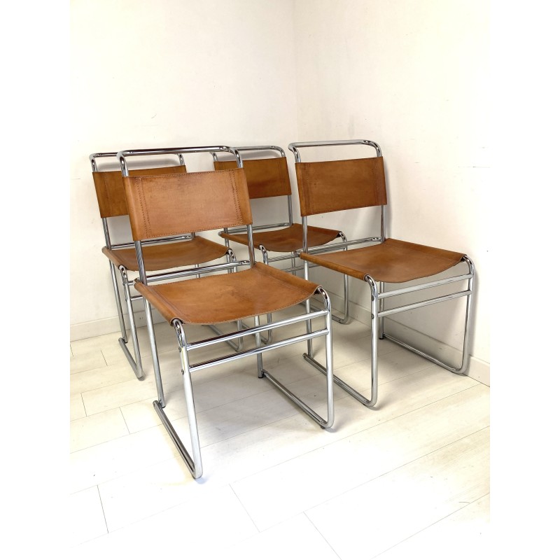 Conjunto de 4 cadeiras de couro castanho vintage de Marcel Breuer para Thonet