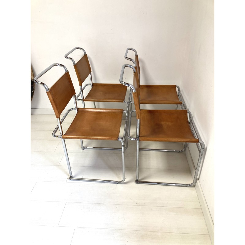 Lot de 4 chaises vintage en cuir marron de Marcel Breuer pour Thonet