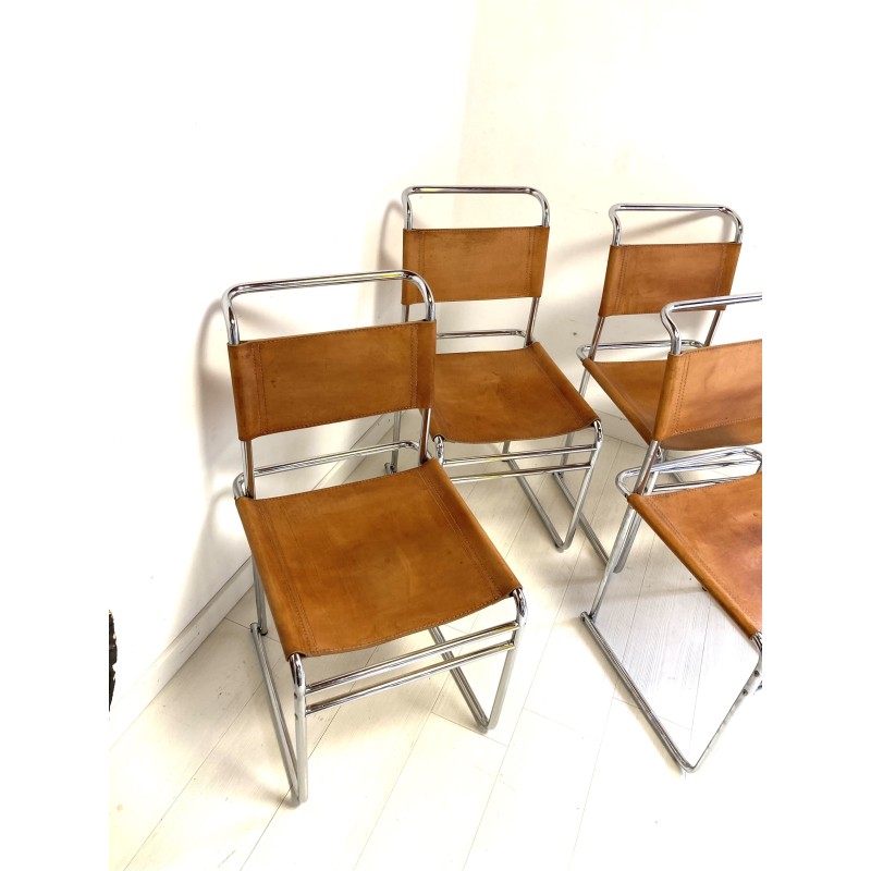 Conjunto de 4 cadeiras de couro castanho vintage de Marcel Breuer para Thonet