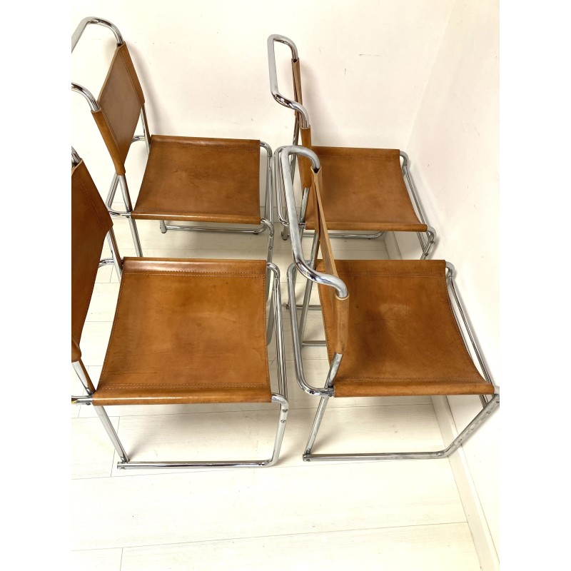 Juego de 4 sillas vintage de cuero marrón de Marcel Breuer para Thonet