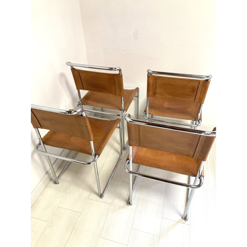 Set van 4 vintage bruin lederen stoelen van Marcel Breuer voor Thonet