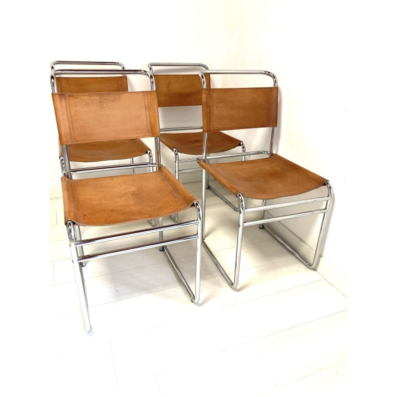 Juego de 4 sillas vintage de cuero marrón de Marcel Breuer para Thonet