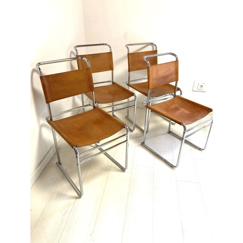 Conjunto de 4 cadeiras de couro castanho vintage de Marcel Breuer para Thonet