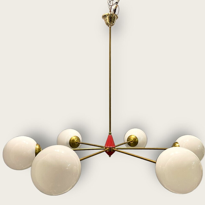 Vintage Sputnik chandelier in brass and opaline glass, Italy 1970