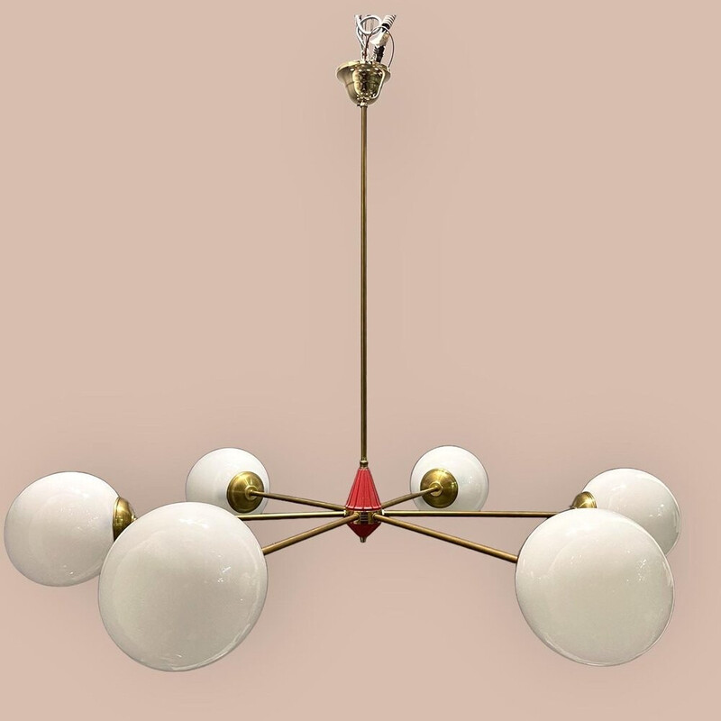 Vintage Sputnik chandelier in brass and opaline glass, Italy 1970