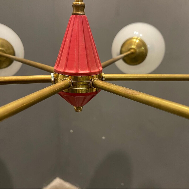 Vintage Sputnik chandelier in brass and opaline glass, Italy 1970