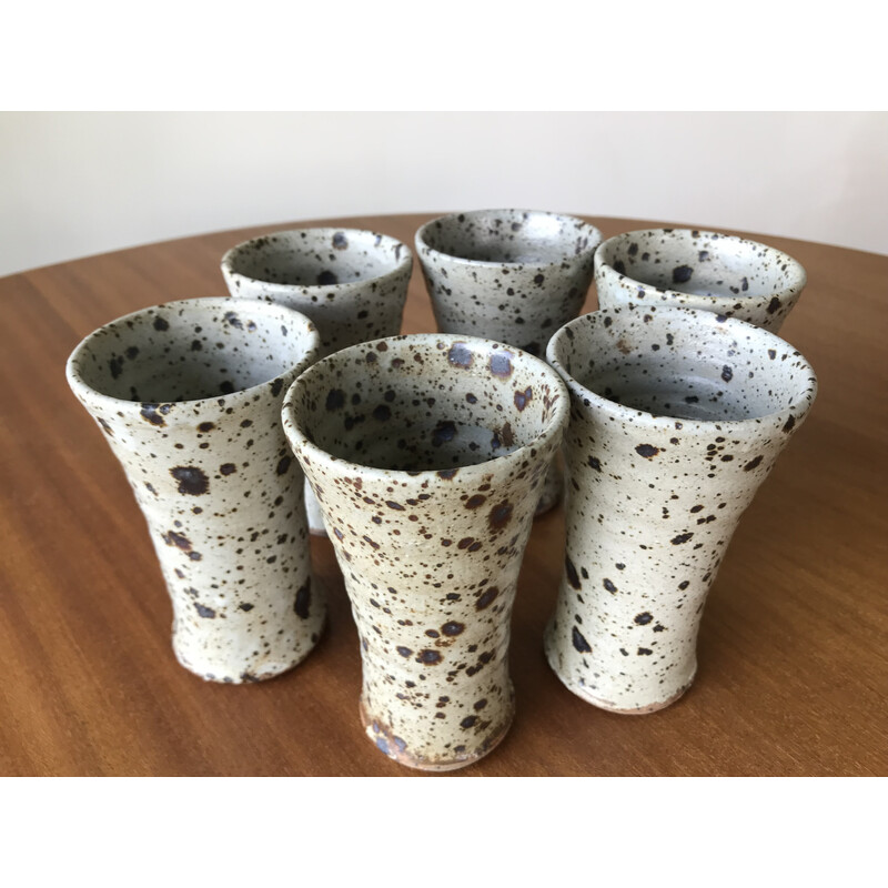 Set of 6 vintage stoneware cups by Gustave Tiffoche, 1960-1970