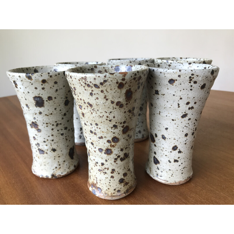 Set of 6 vintage stoneware cups by Gustave Tiffoche, 1960-1970