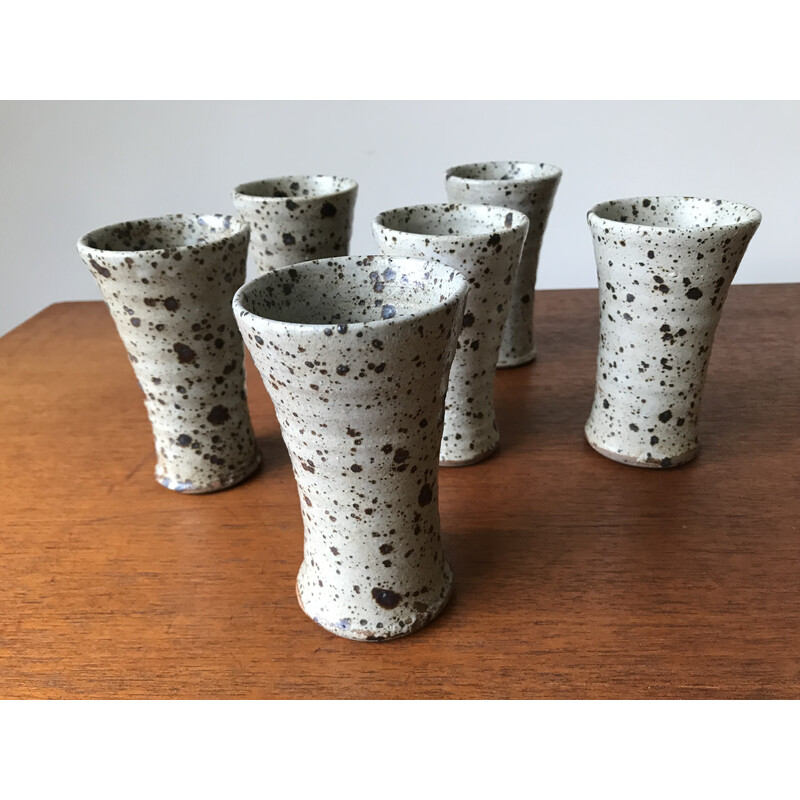 Set of 6 vintage stoneware cups by Gustave Tiffoche, 1960-1970