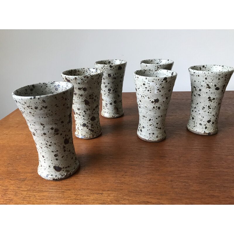 Lot de 6 gobelets vintage en grès pyrité par Gustave Tiffoche, 1960-1970
