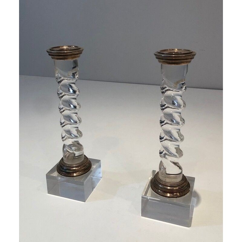 Pair of vintage candlesticks in twisted plexiglass and silver plated metal, 1970