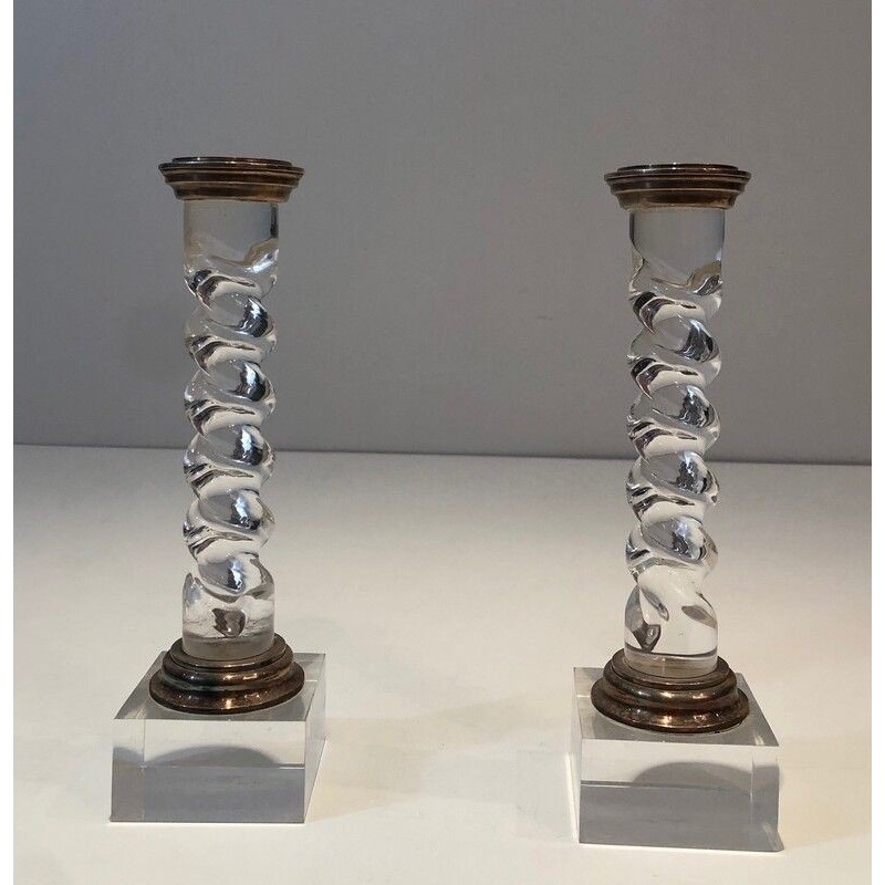Pair of vintage candlesticks in twisted plexiglass and silver plated metal, 1970